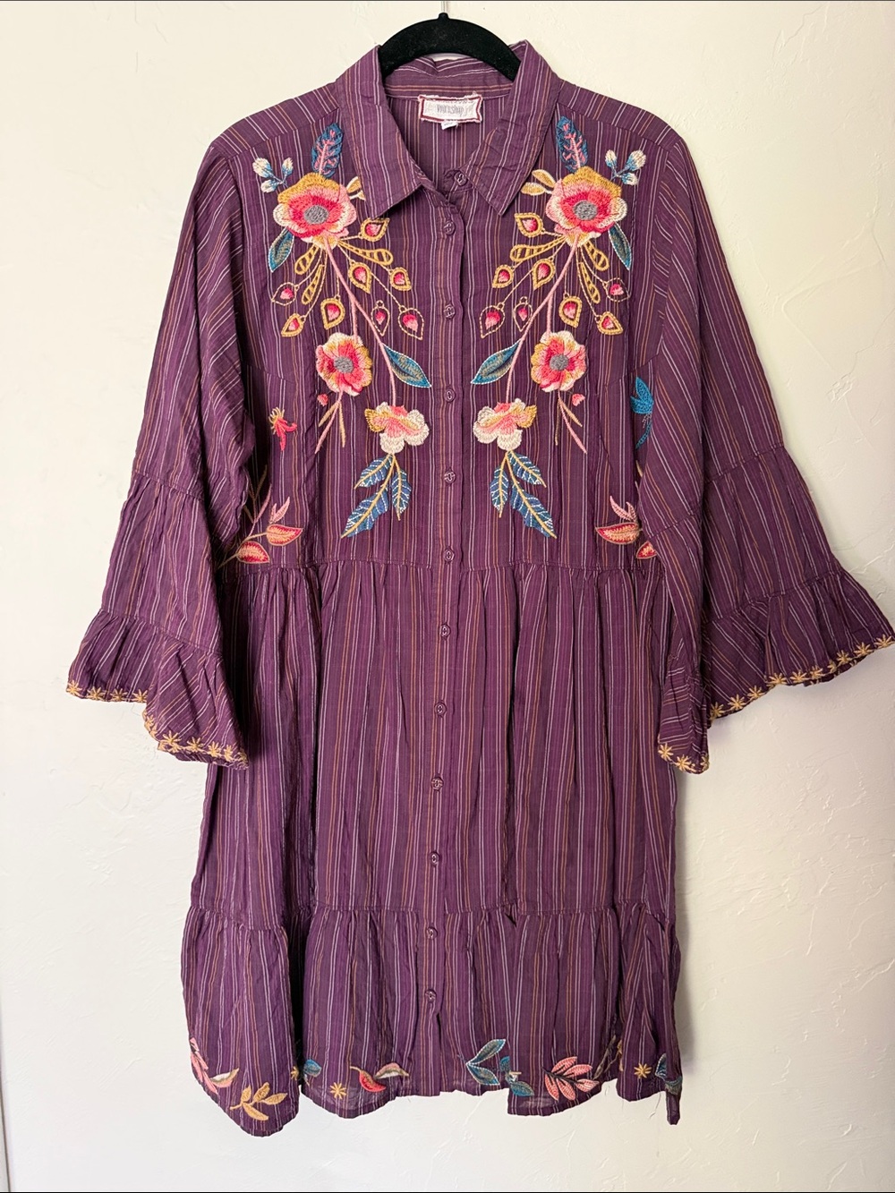 Johnny Was Purple Embroidered Tiered Button-Front Long Sleeve Dress